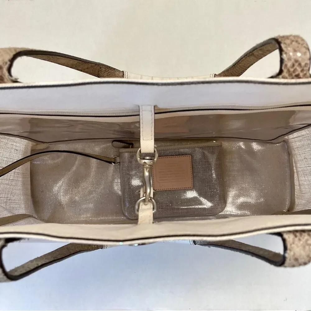 Coach Translucent Vinyl Burlap And White Leather Tote With Coin Purse